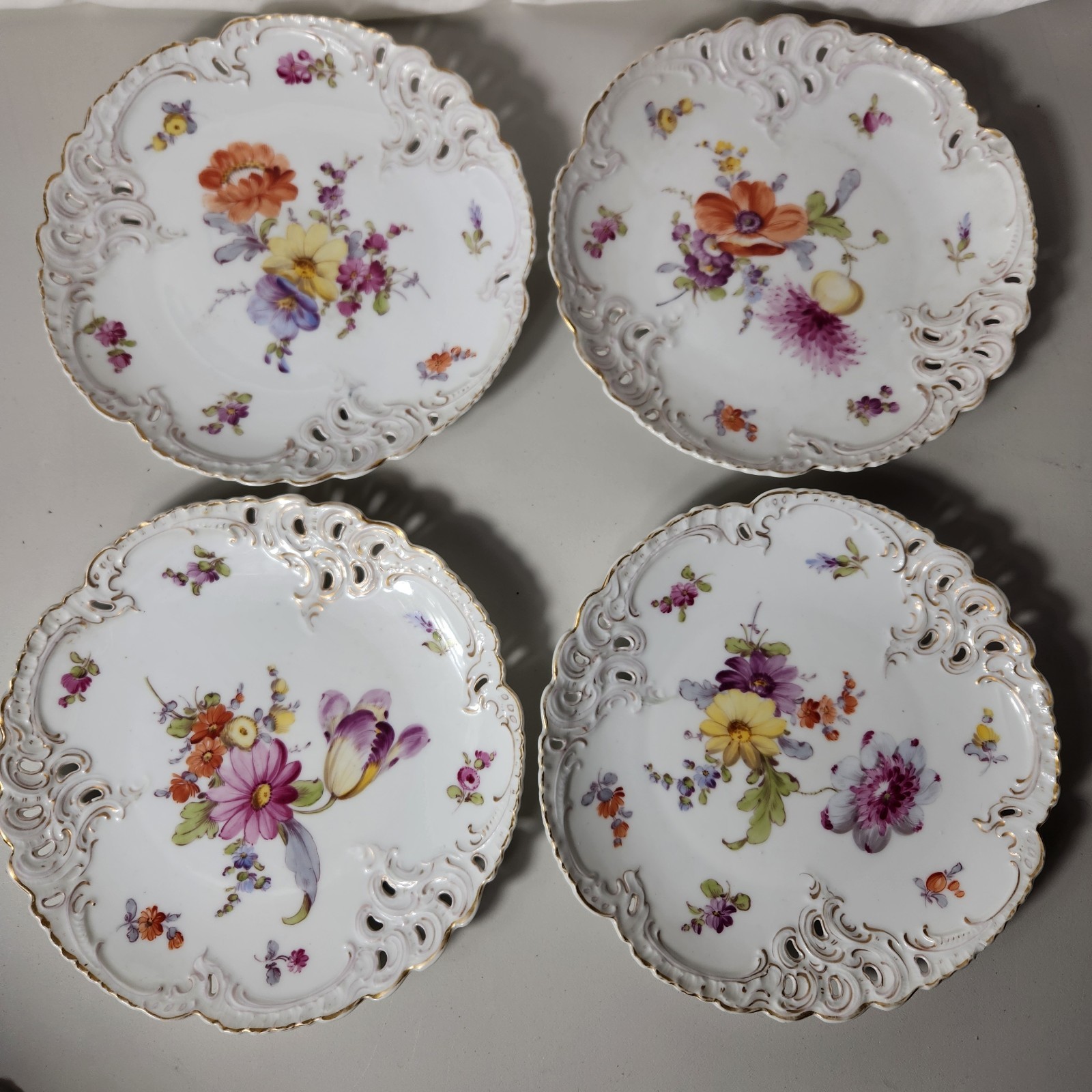 4 Antique Nymphenburg Porcelain Floral Cabinet Plates Hand-Painted