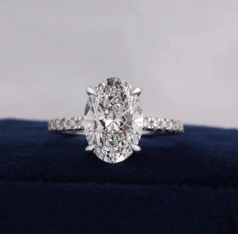 IGI 3 Ct Oval Lab Grown Diamond Engagement Ring Hidden Halo Pave 14K White Gold