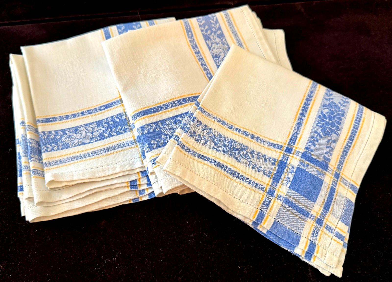 12 Vintage French Jacquard Luncheon Napkins in White, Blue & Yellow B391 12 Vintage French Jacquard Luncheon Napkins in White, Blue & Yellow B391