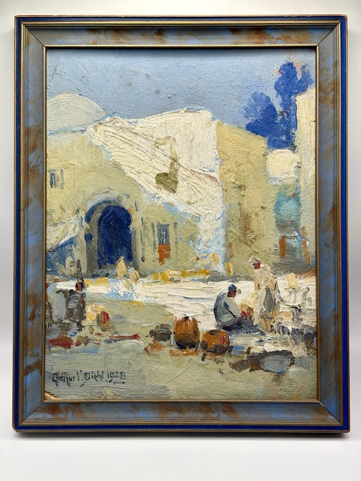 Rare 1928 Impressionist Oil Painting Street Market Scene By Arthur V. Diehl