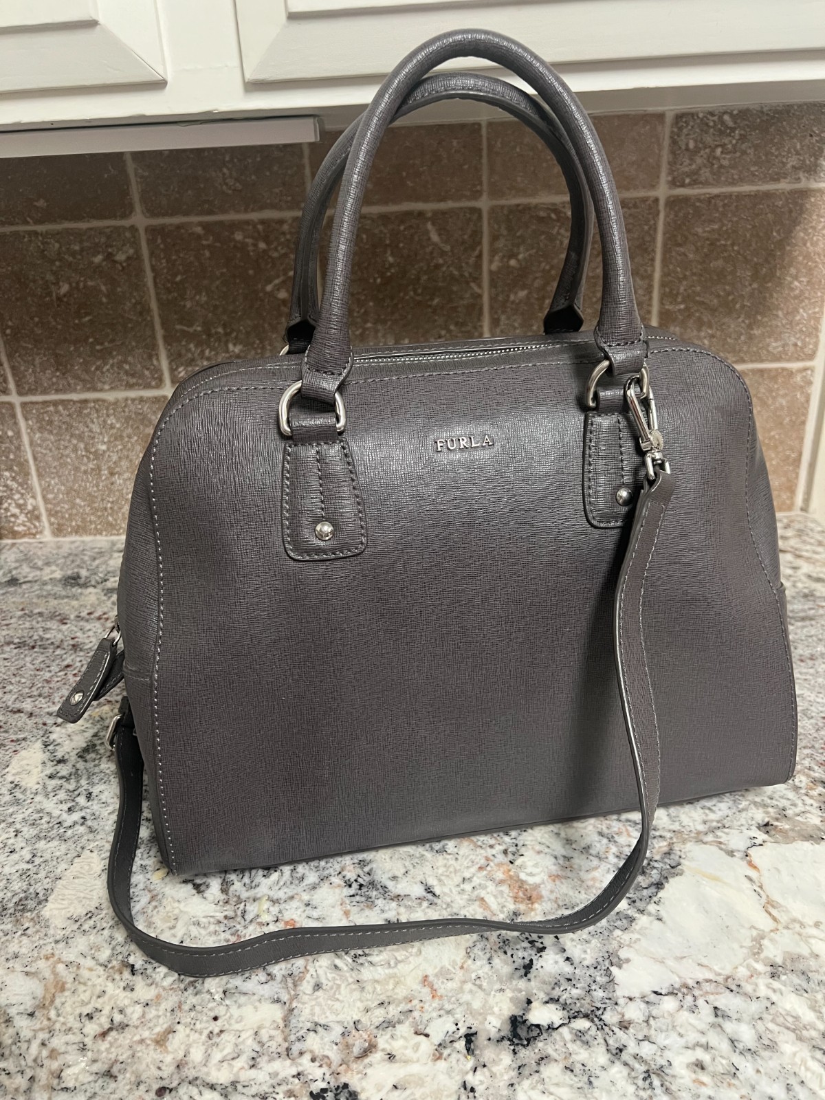 Furla Satchel Bag Womens Large Grey Leather Top Handle with Detachable Strap