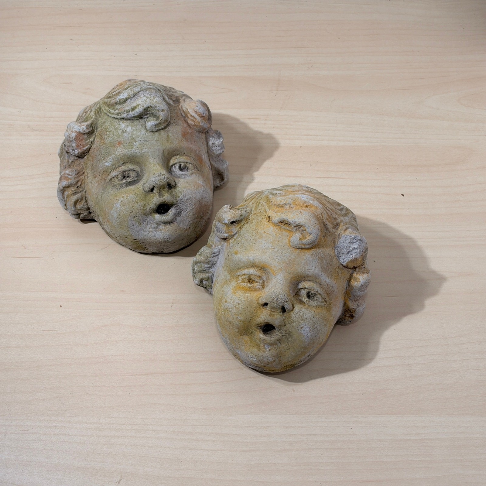 Vintage French Cast Stone Cherub Head Wall Plaque Fountain Spout Putto Mask