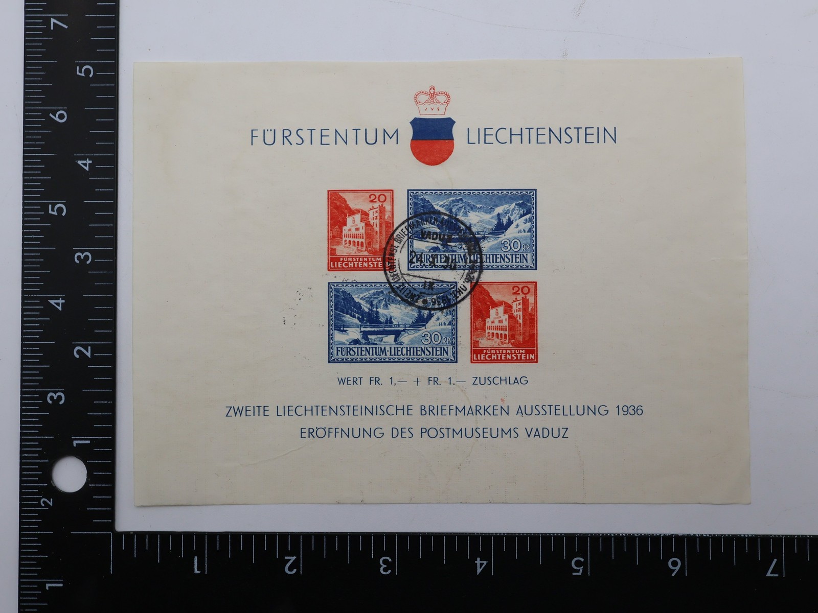 Liechtenstein sc b14 1936 Stamp Exhibition Souvenir Sheet Used Vaduz Cancel