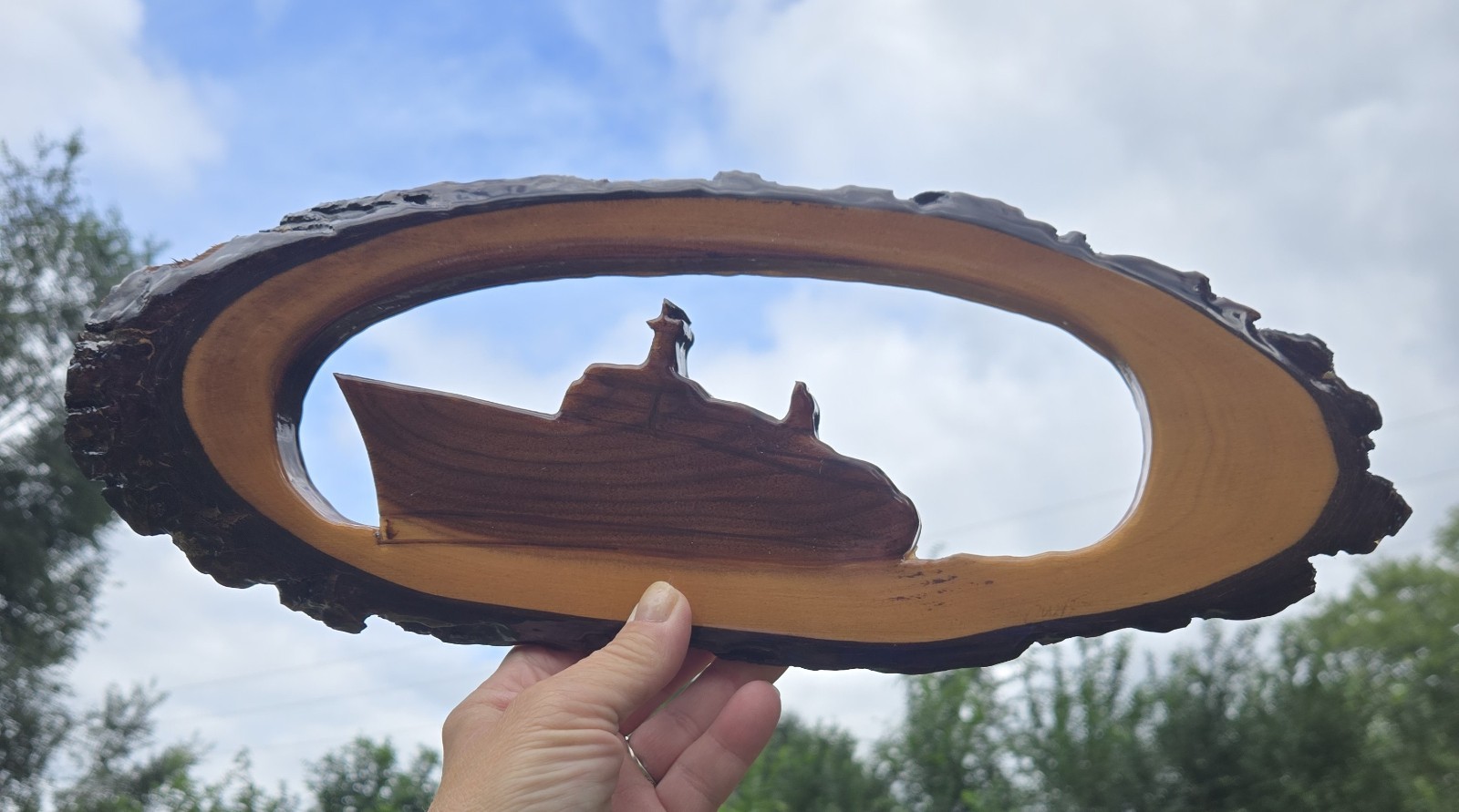 Vintage 1983 Signed Great Lakes Freighter Ship Live Edge Wood Folk Art Wall Hang Vintage 1983 Signed Great Lakes Freighter Ship Live Edge Wood Folk Art Wall Hang