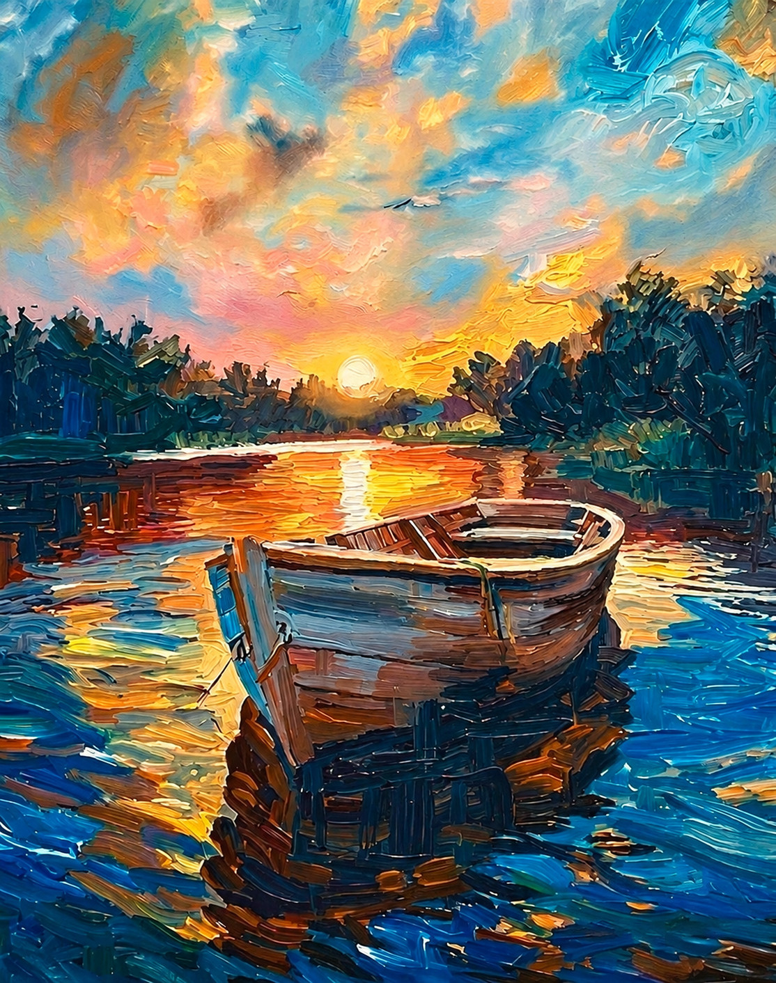 Original Hand Painted Sunset Lake Rowboat Landscape Painting 12x16