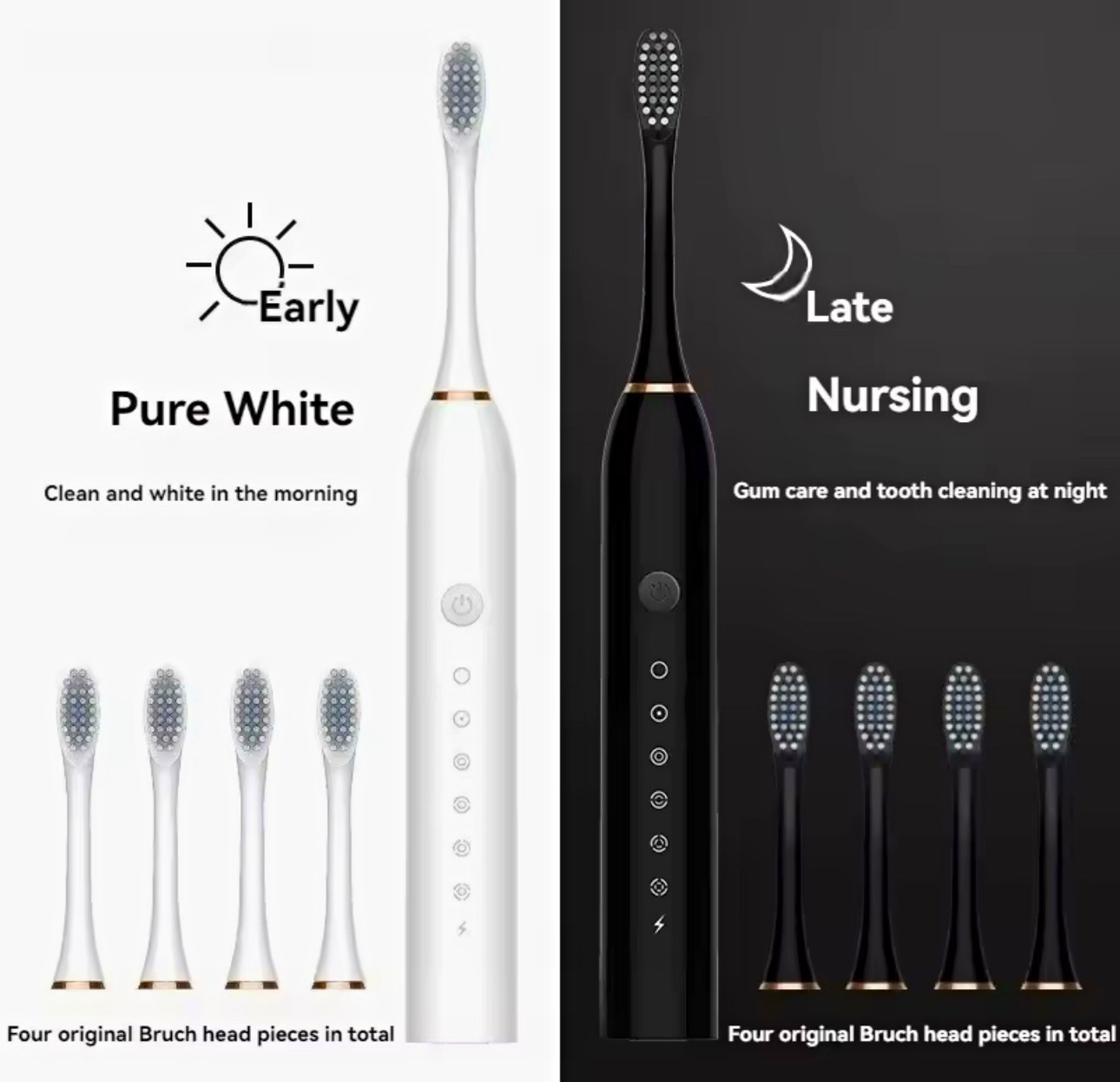Sonic Electric Toothbrush 6 Modes Waterproof Rechargeable 4 Heads B/W