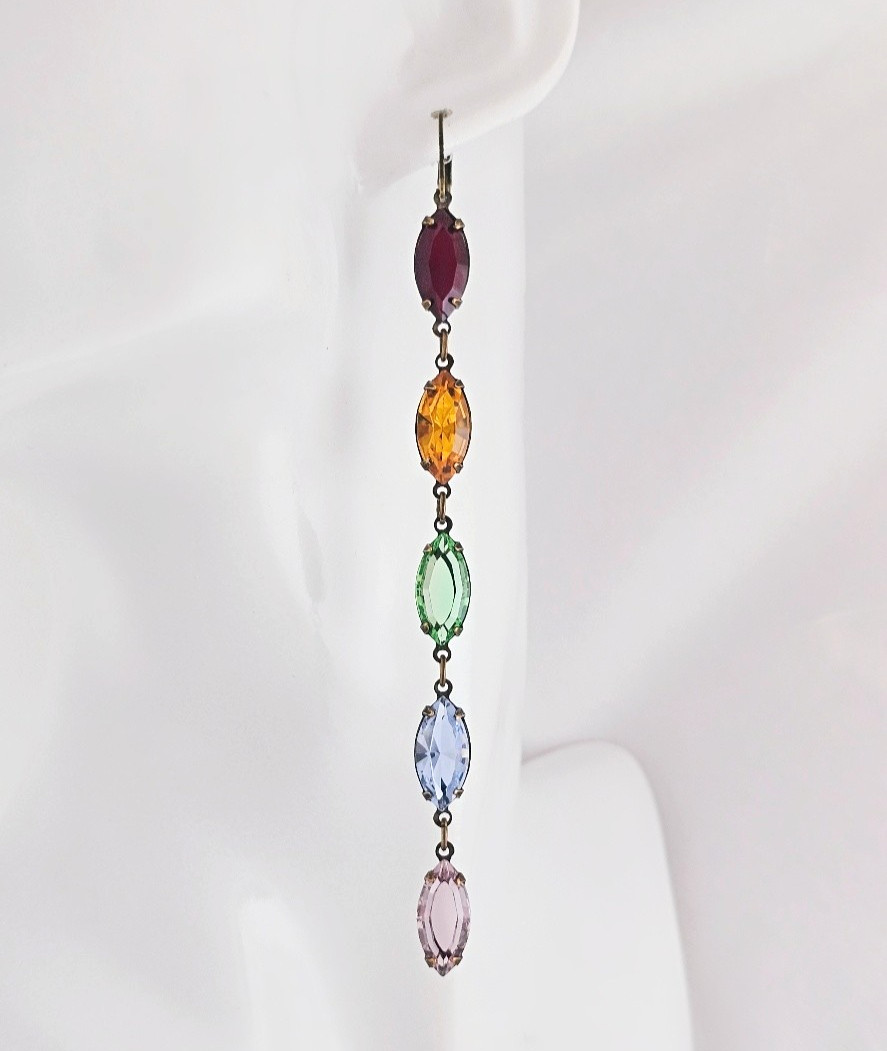Long Rainbow Marquis Chandelier Earrings made with Vintage Swarovski Crystals