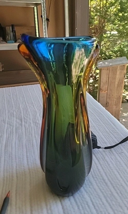 Vintage Murano Sommsero Ribbed Vase Flame Rim | Blue w/ Amber Core 12