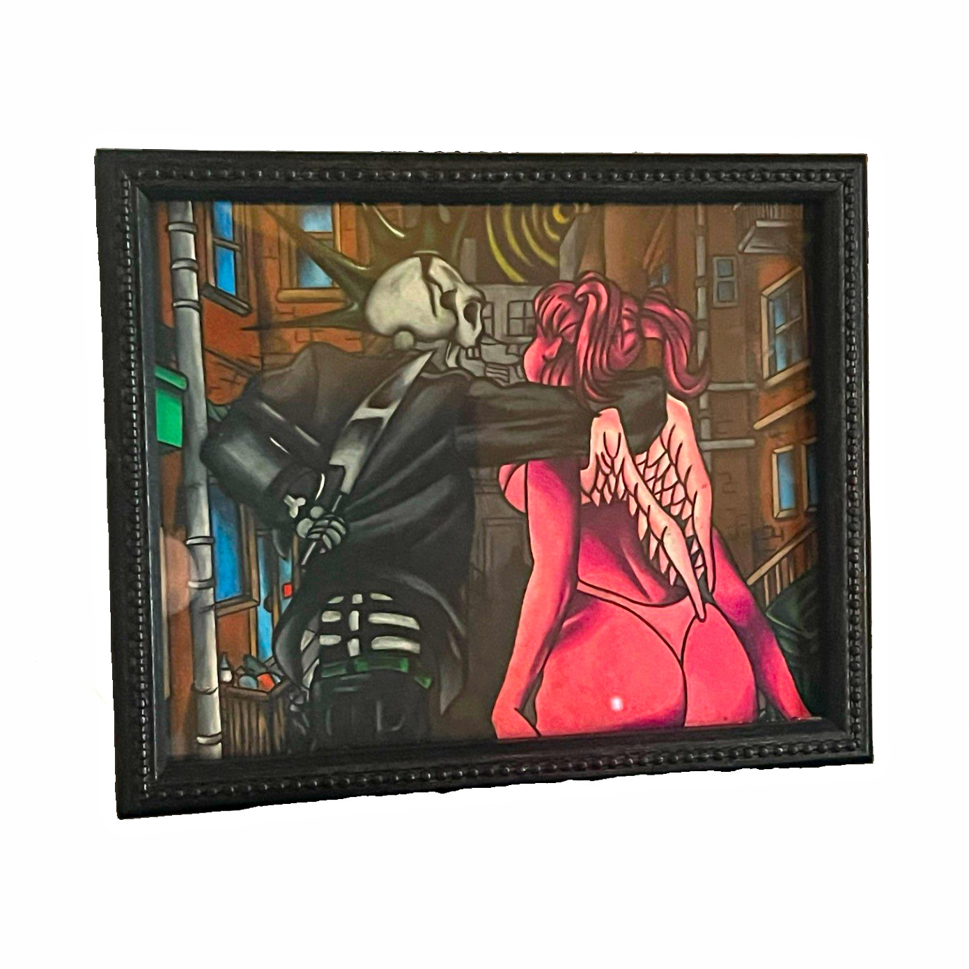 Framed Fantasy Illustration Drawing - Skeleton & Angel Couple Cityscape Scene