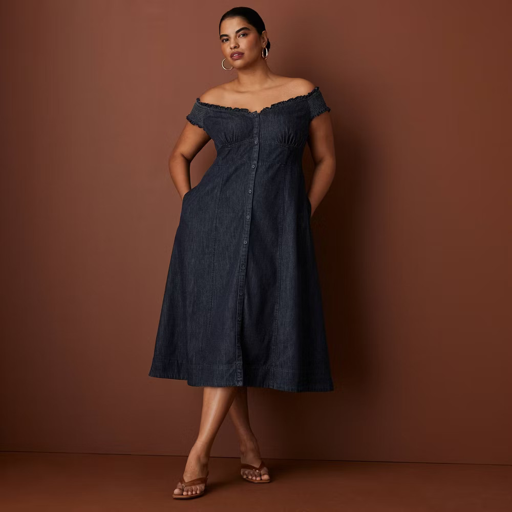 Women's Off the Shoulder Denim Button-Down Midi Dress - Rosie Assoulin Dark