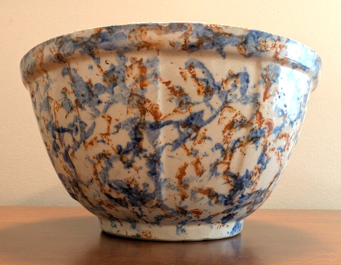 Antique Red Wing Stoneware Rare 9.25” Paneled Spongeware Bowl Crock Rust & Blue