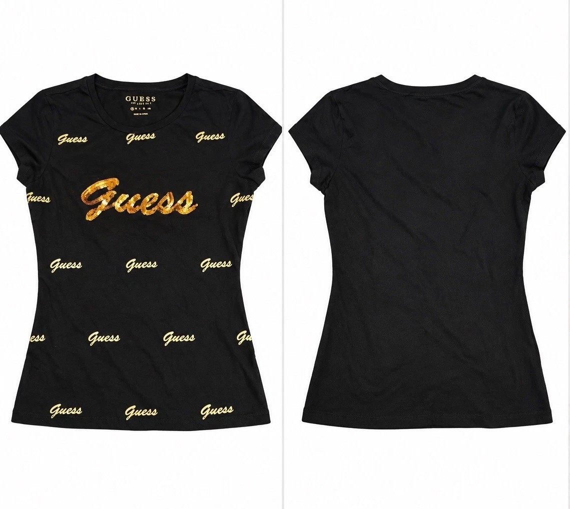 GUESS Women’s Black Gold Logo Sequin T-Shirt Size M Y2K McBling Graphic Tee
