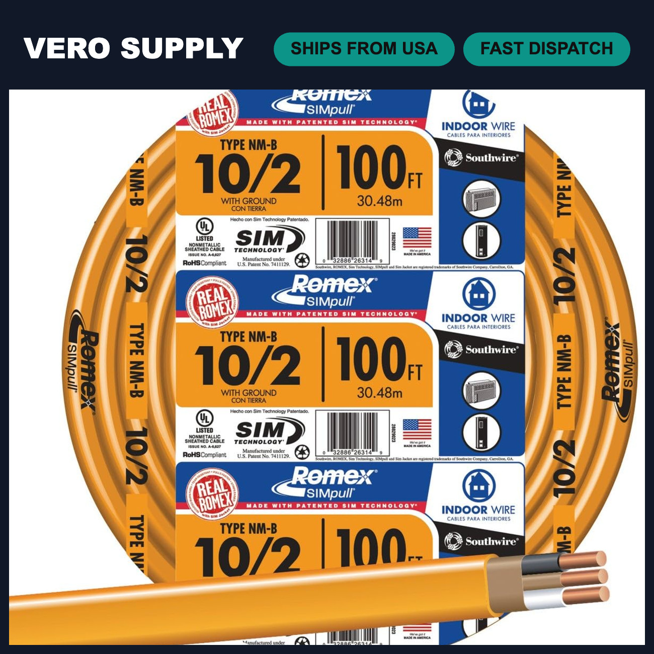 100ft 10/2 NMB W/G Electrical Wire - Indoor/Outdoor Use, Heavy Duty Cable 100ft 10/2 NMB W/G Electrical Wire - Indoor/Outdoor Use, Heavy Duty Cable