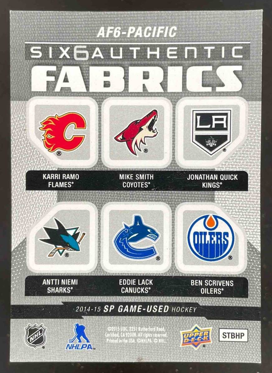 2014-15 SPGU SMITH QUICK NIEMI LACK +2 6 PATCH /6 #AF6-PACIFIC INSERT CARD ONLY 2014-15 SPGU SMITH QUICK NIEMI LACK +2 6 PATCH /6 #AF6-PACIFIC INSERT CARD ONLY
