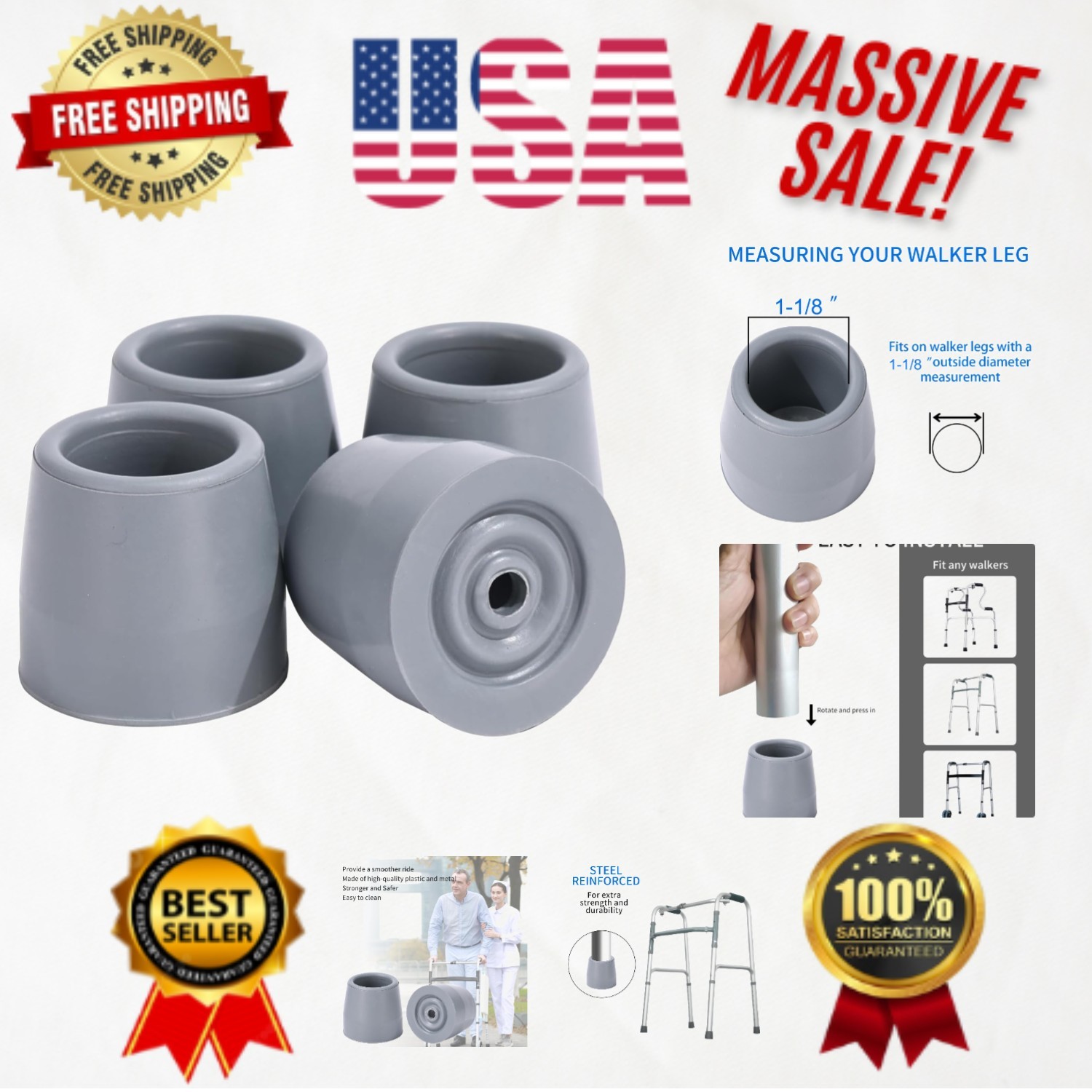 4PCS Walker Tips 1 1/8 \'\' Heavy Duty Replacement Rubber Tips for Walkers, Commod