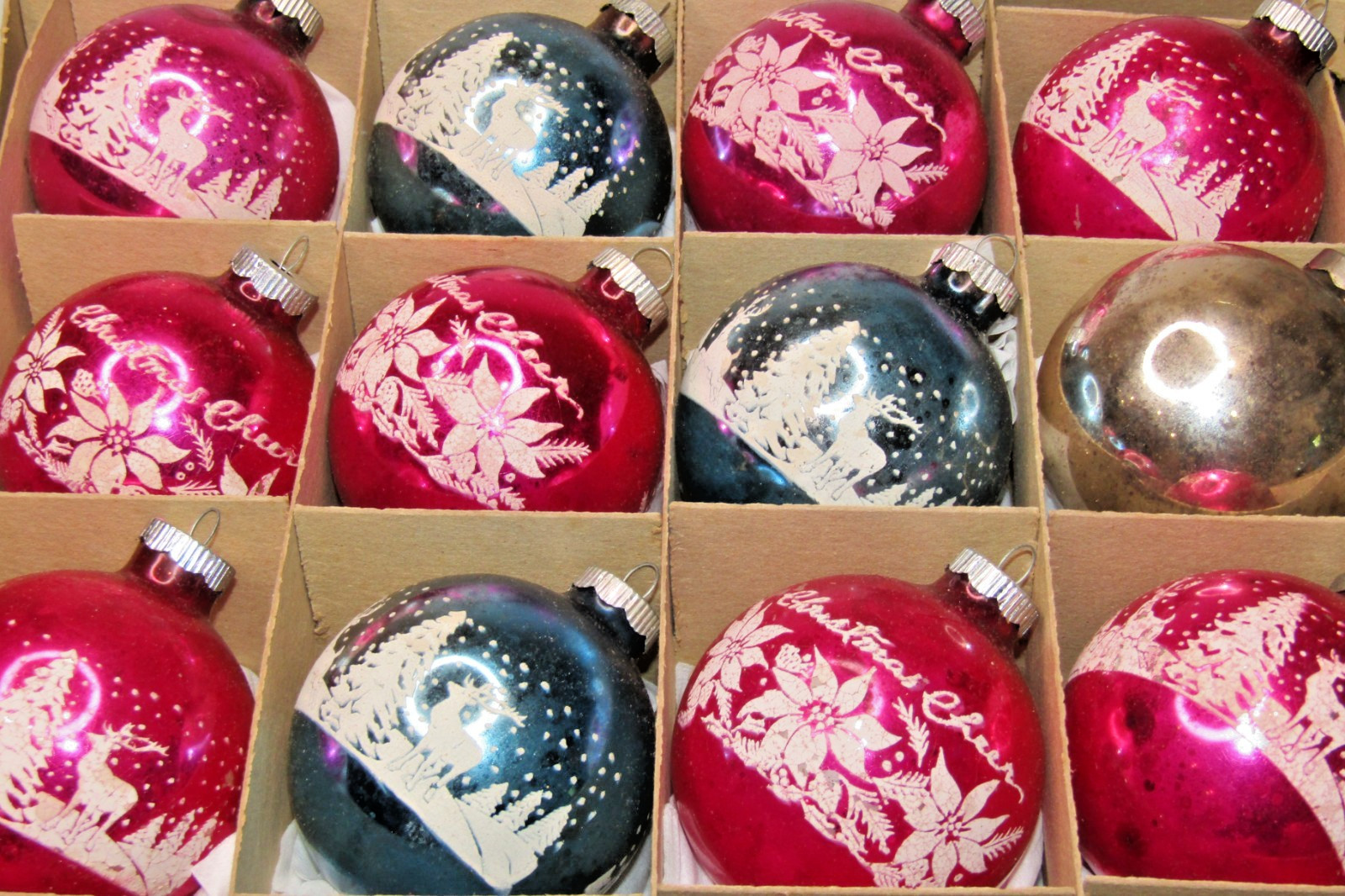Lot VTG Glass POINSETTIA REINDEER Pictured BALL Christmas Ornaments Shiny Brite