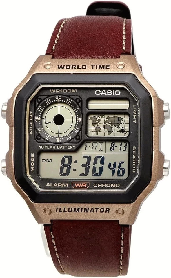 Casio Standard Digital World Time Leather Strap Quartz AE-1200WHL-5AV 100M Men S Casio Standard Digital World Time Leather Strap Quartz AE-1200WHL-5AV 100M Men S