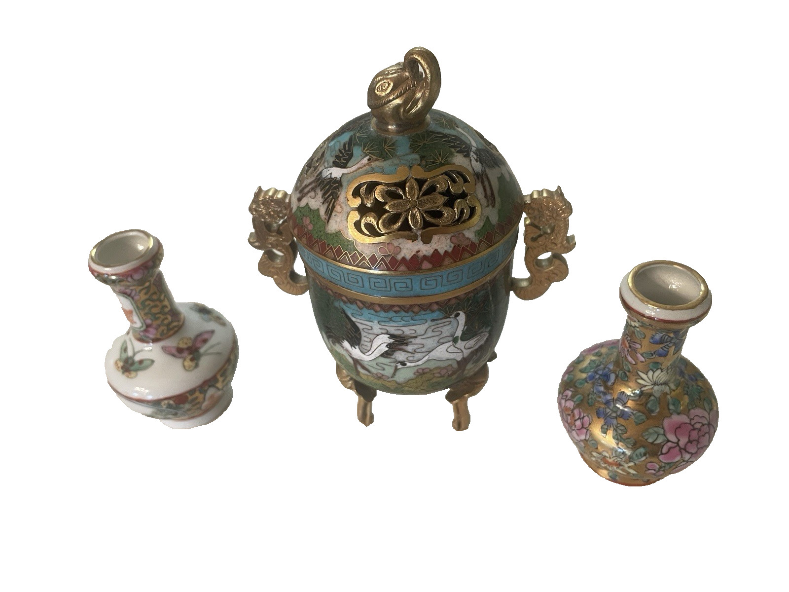 Vintage Chinese Cloisonné Enamel Dragon Tripod Censer Incense Burner & Bud Vases