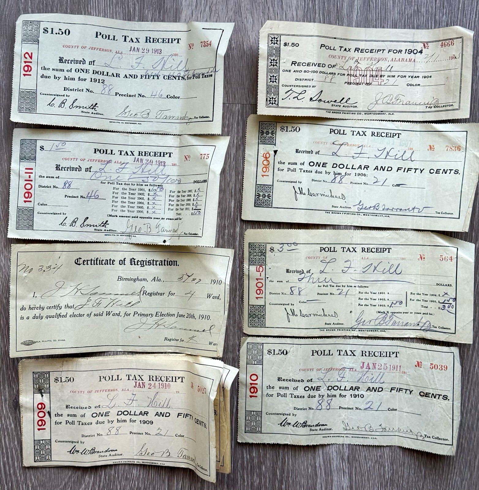1904-1912 Alabama Poll Tax Receipts Voter Registration Lot Birmingham Antique
