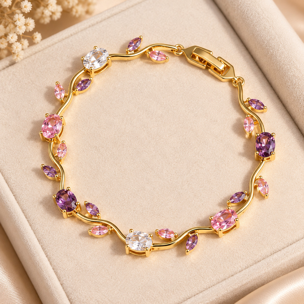 Handmade Women’s Crystal Gold Tone Brass Floral Leaf Bracelet Fashion Jewelry