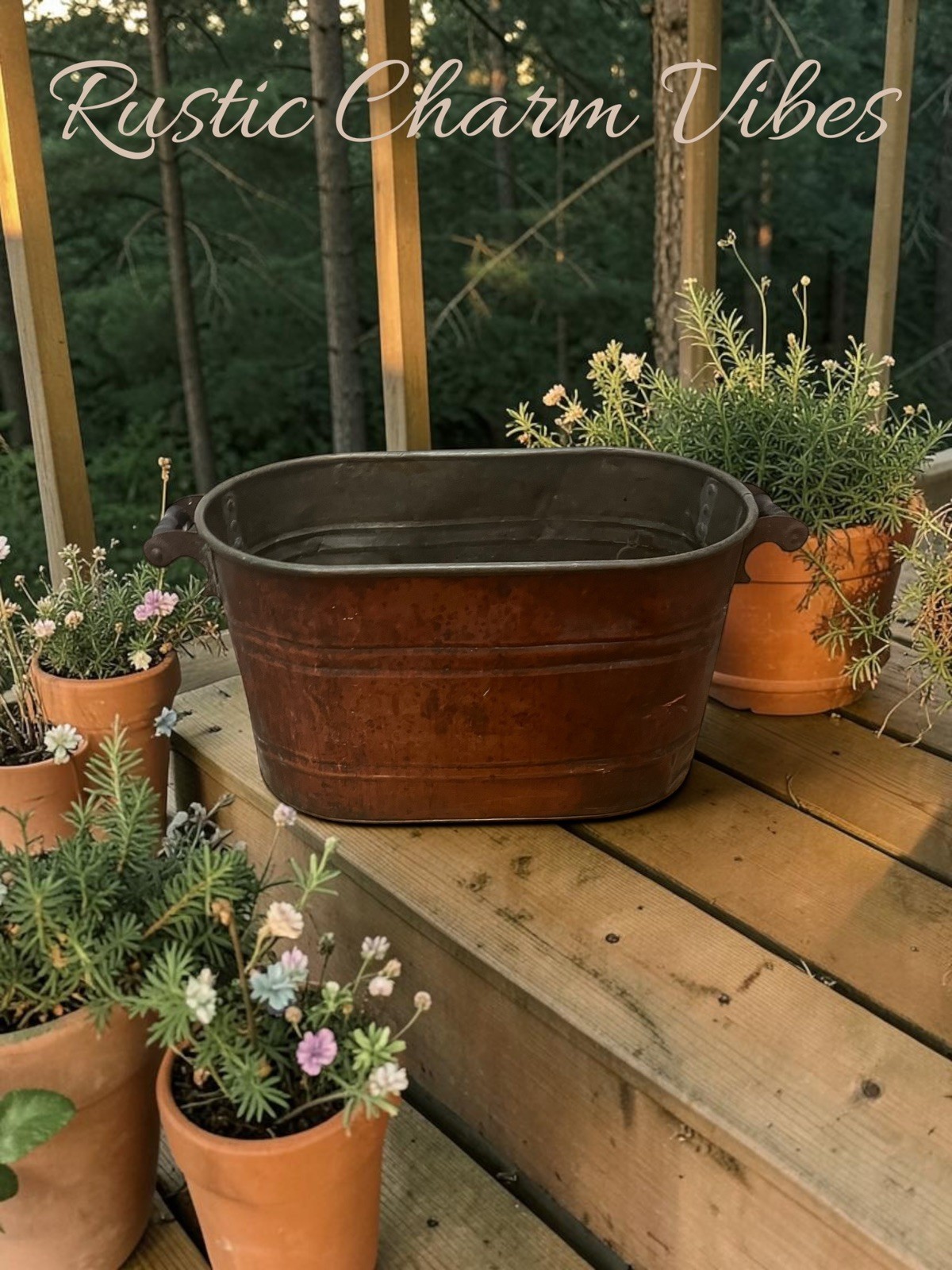 Antique Copper Tub Wash Boiler Metal Tub W/Black Handles 22x12x12
