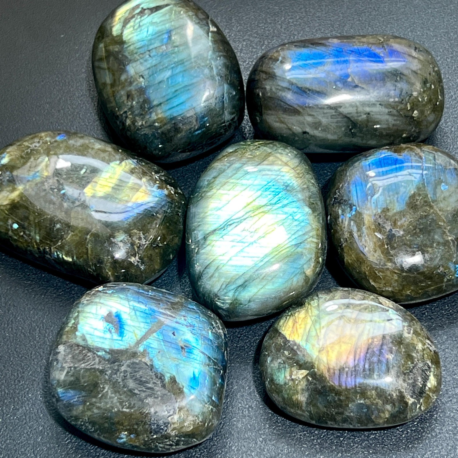 Large Flashy Labradorite Palm Stones Tumbled Carvings (By The Piece or Pound) Large Flashy Labradorite Palm Stones Tumbled Carvings (By The Piece or Pound)