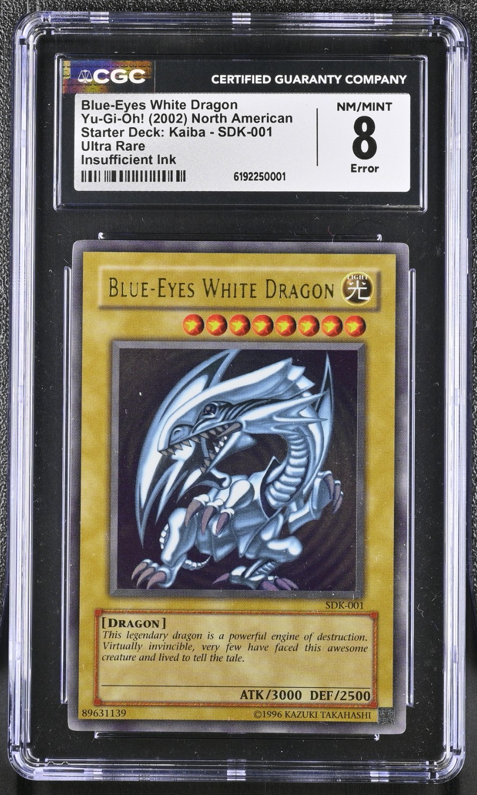 2002 Yu-Gi-Oh Blue-Eyes White Dragon SDK-001 Ultra Rare CGC 8 Error Holo Bleed