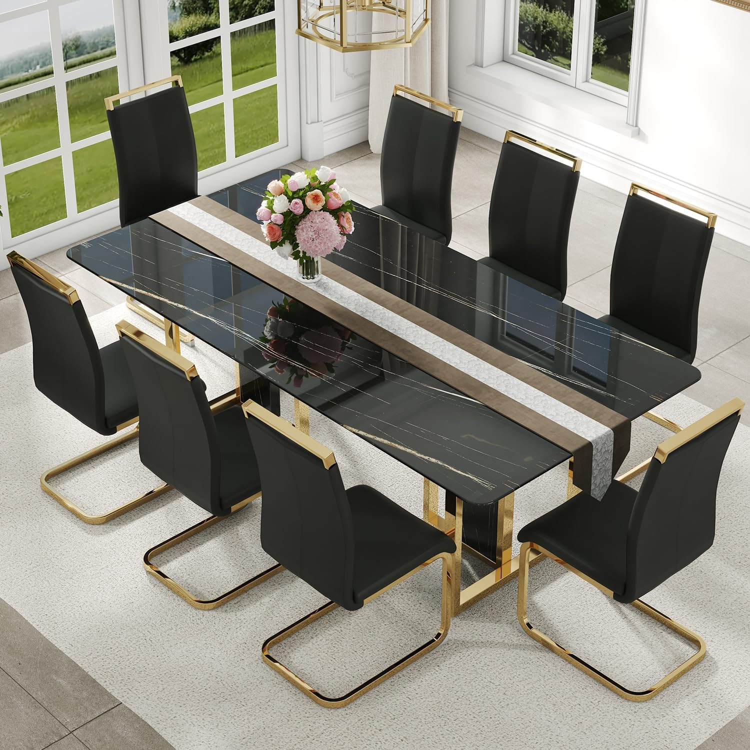 79\'\' Modern Dining Table Set for 8, Black Kitchen Table with 1.8\