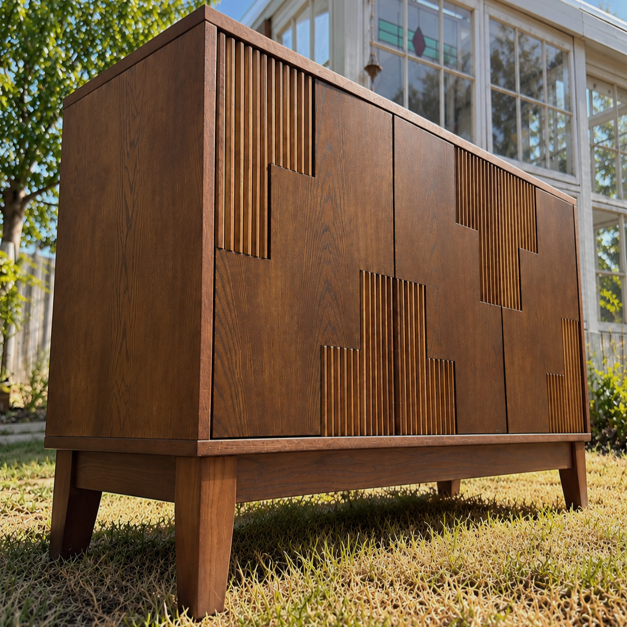 Mid Century Modern Geometric Fluted Sideboard Buffet Cabinet 3-Door Credenza