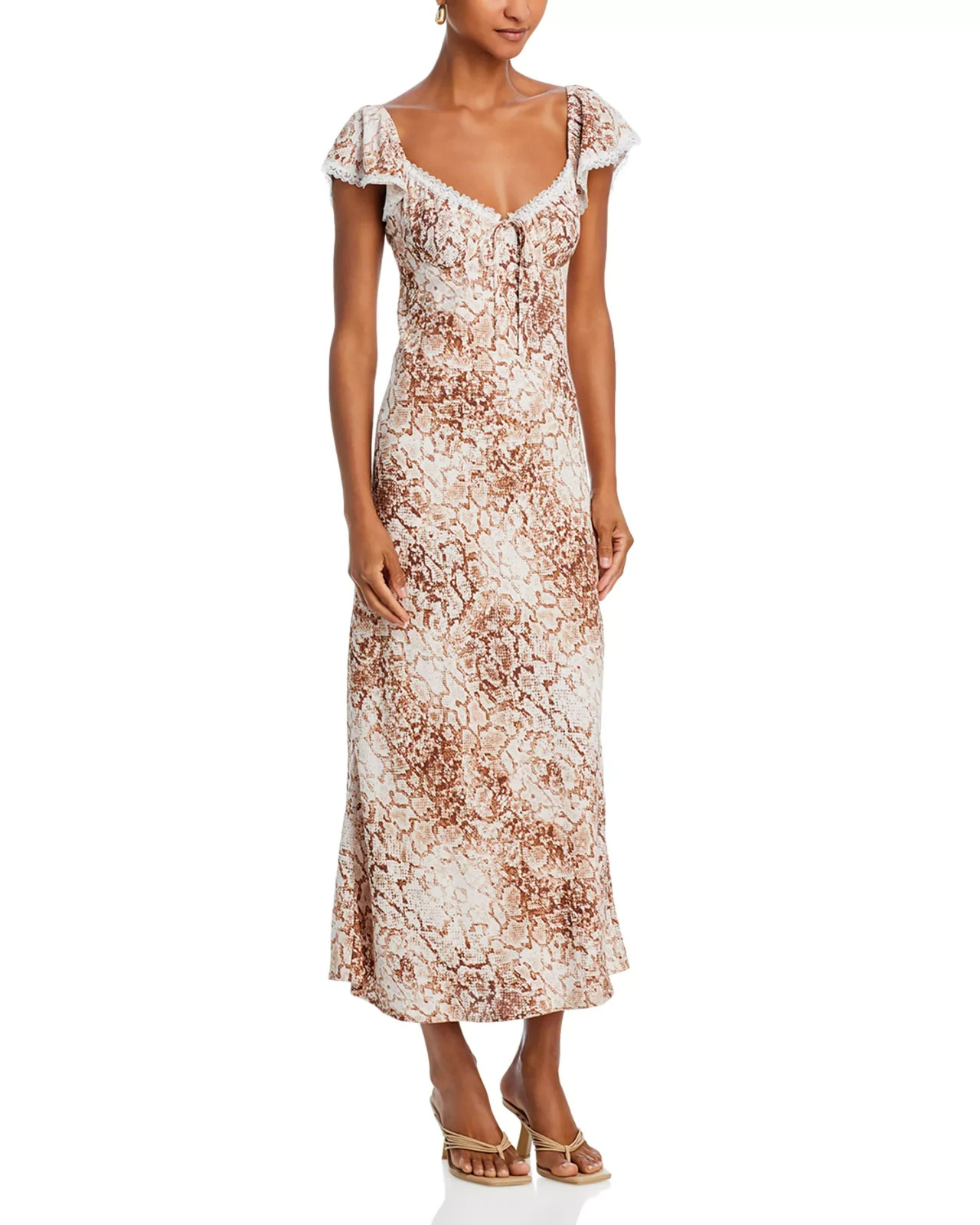 WAYF Melissa Lace Trim Maxi Dress Women\'s S Brown Python Short Sleeve Pullover