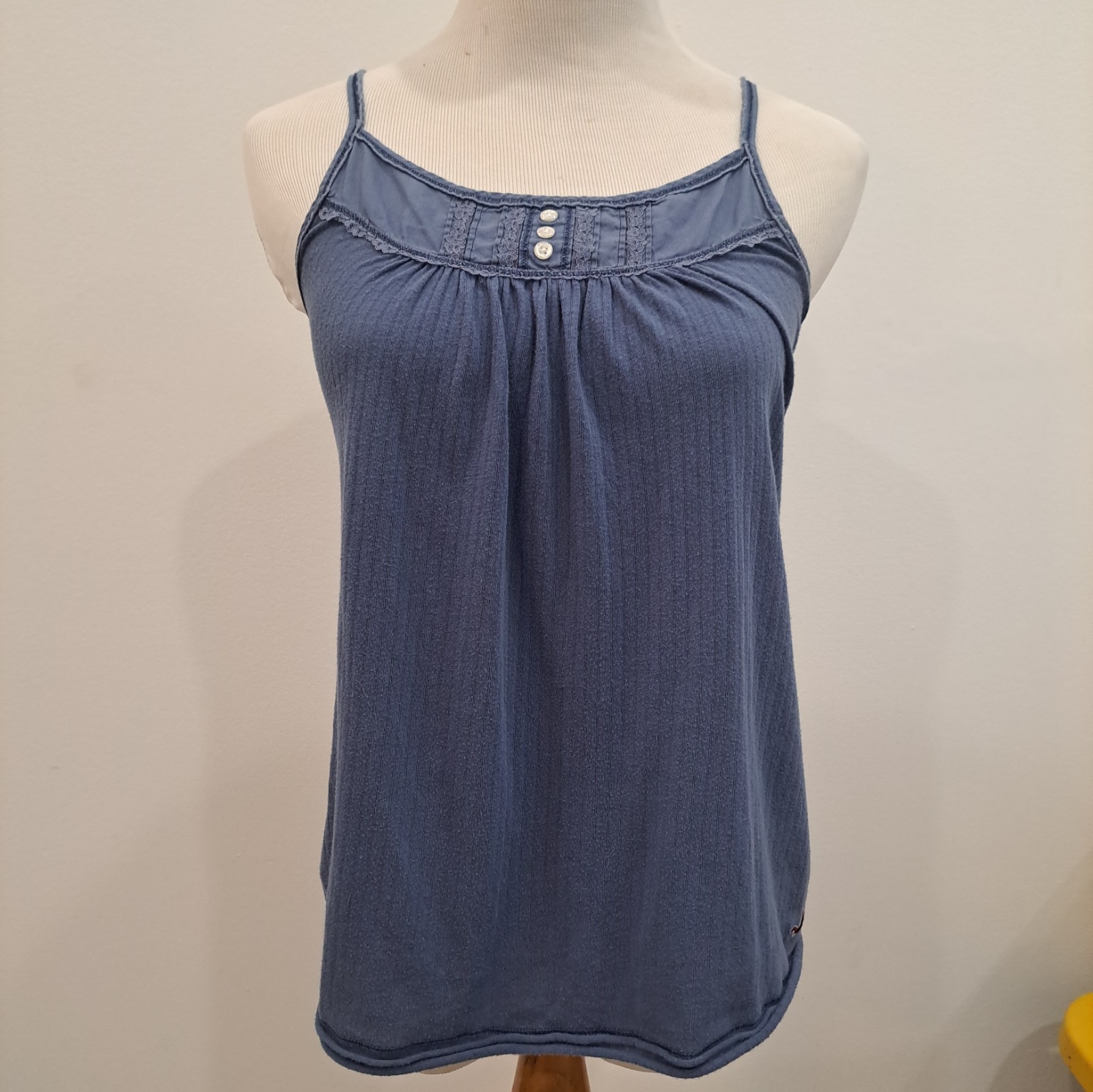 Hollister Y2K Rare Navy Blue Babydoll Cami Pintuck Lace Neckline Buttons Sz Sm