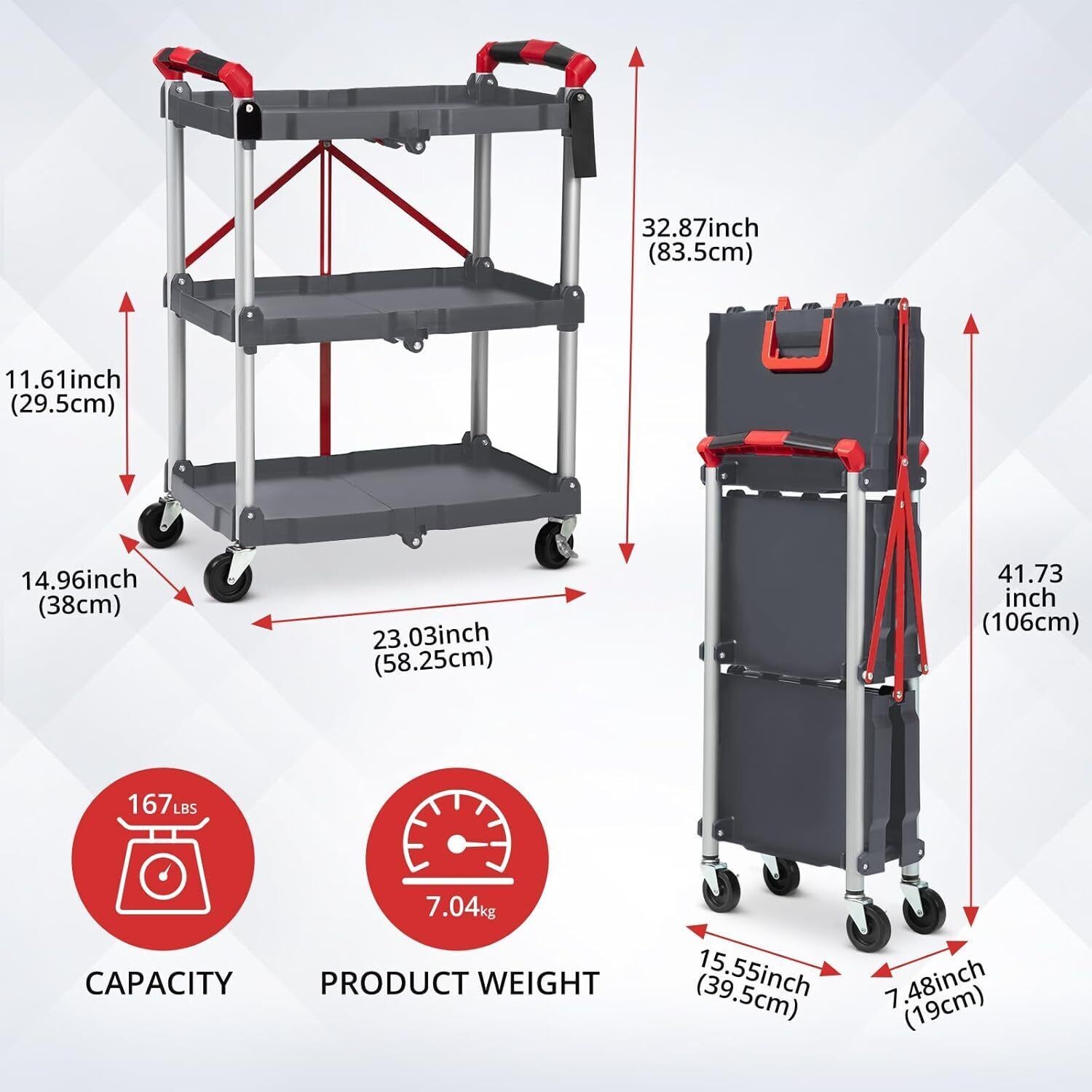 Foldable Utility Service Cart 3 Shelf 200LBS with Lockable Wheels