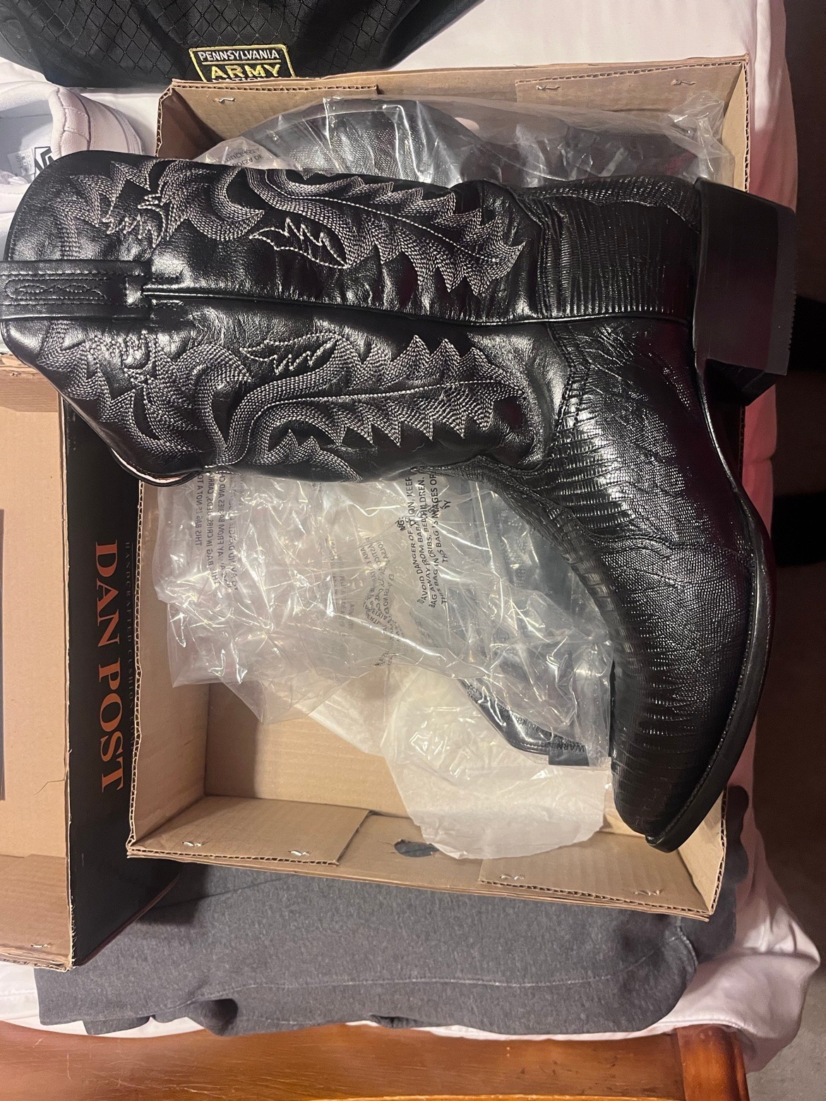 Men\'s Dan Post Cowboy Boots – Black Teju Lizard, Size 12 EW – Unworn in Box
