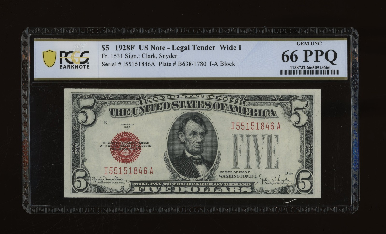 DBR 1928-F $5 Legal Wide I Fr. 1531Wi IA Block PCGS-B 66 PPQ Serial I55151846A