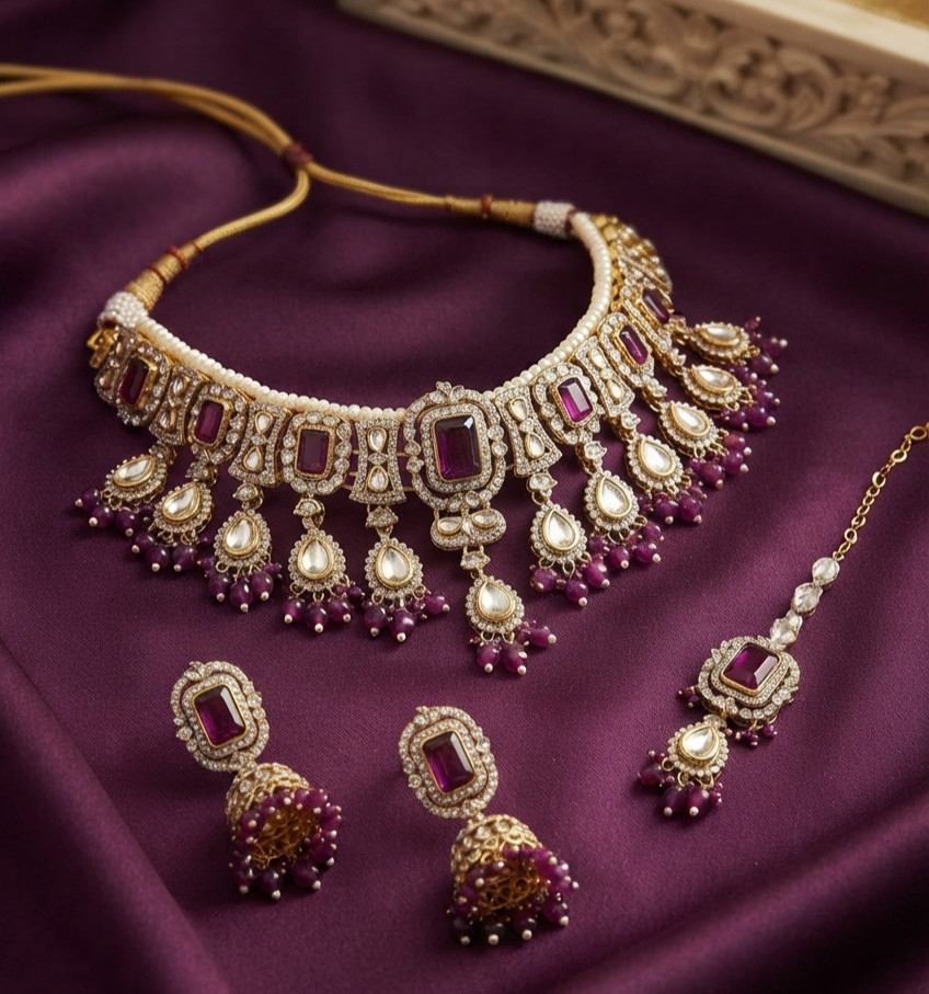 Indian Bollywood Gold Plated Kundan Choker Bridal Necklace Earrings Jewelry Set
