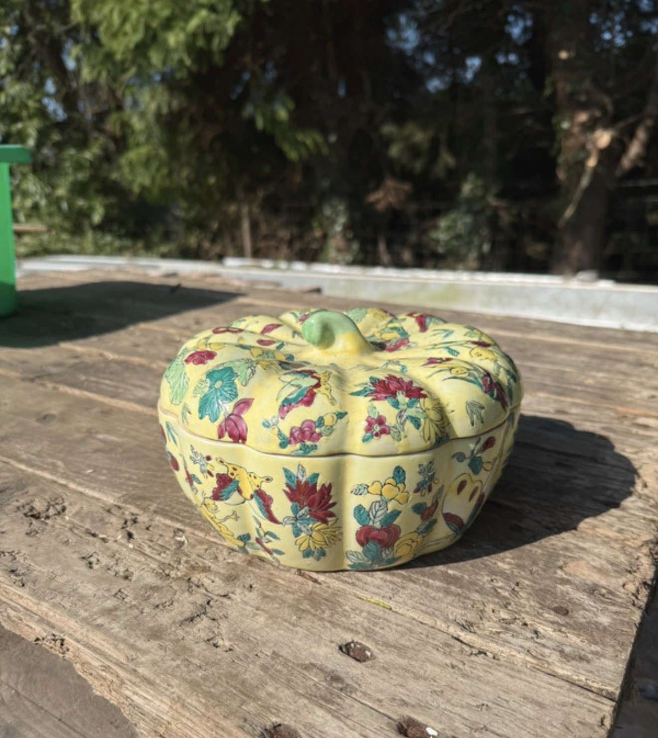 Vintage Chinese Famille Rose Pumpkin Lidded Bowl Qianlong Style Mark 8”