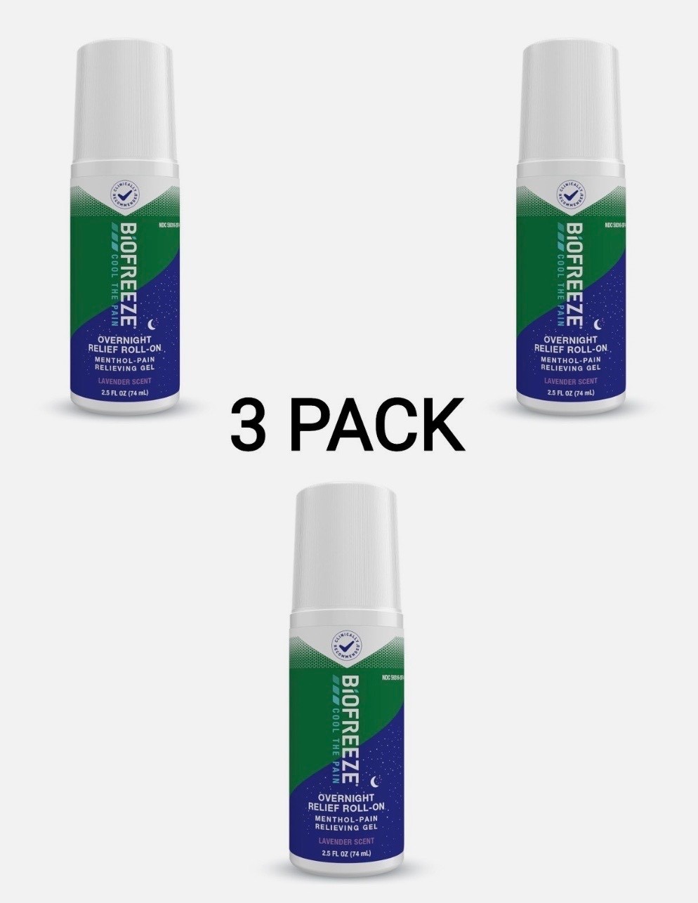 3 X Biofreeze Menthol Overnight Roll-On Pain Relieving Gel 2.5 FL OZ SHIPS FREE