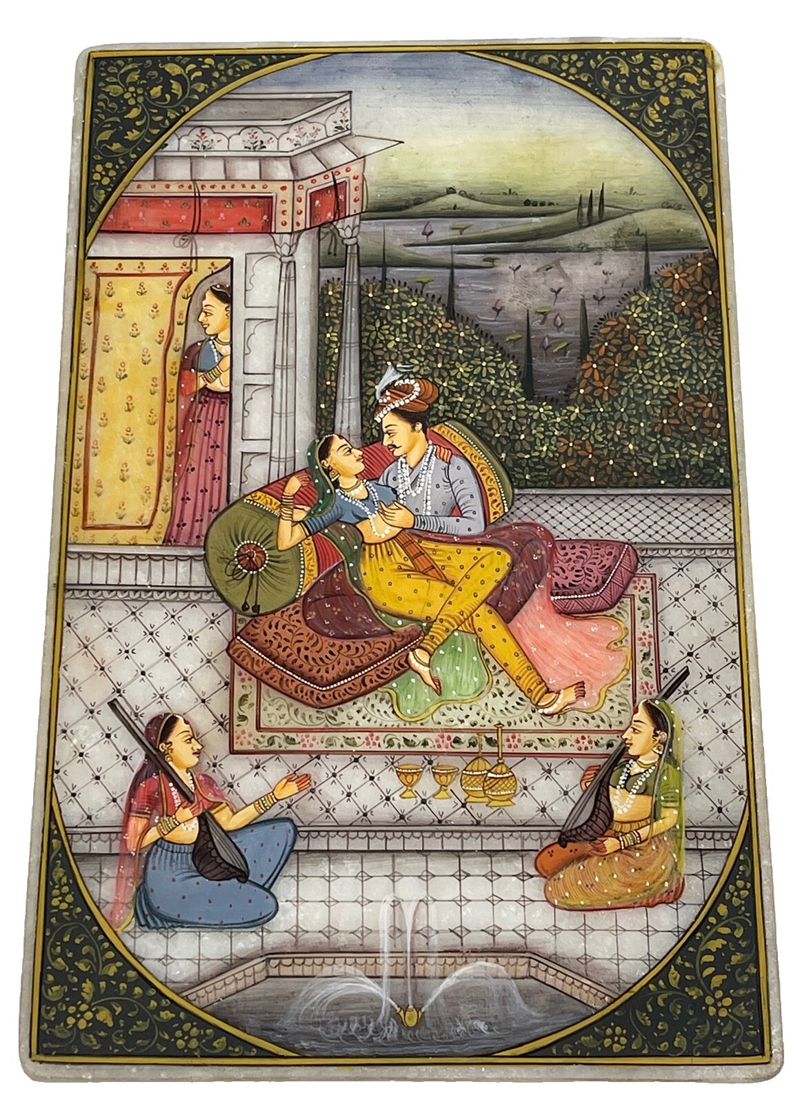 Vintage Indian Painting On Marble Court Couple Lovers 5x8”