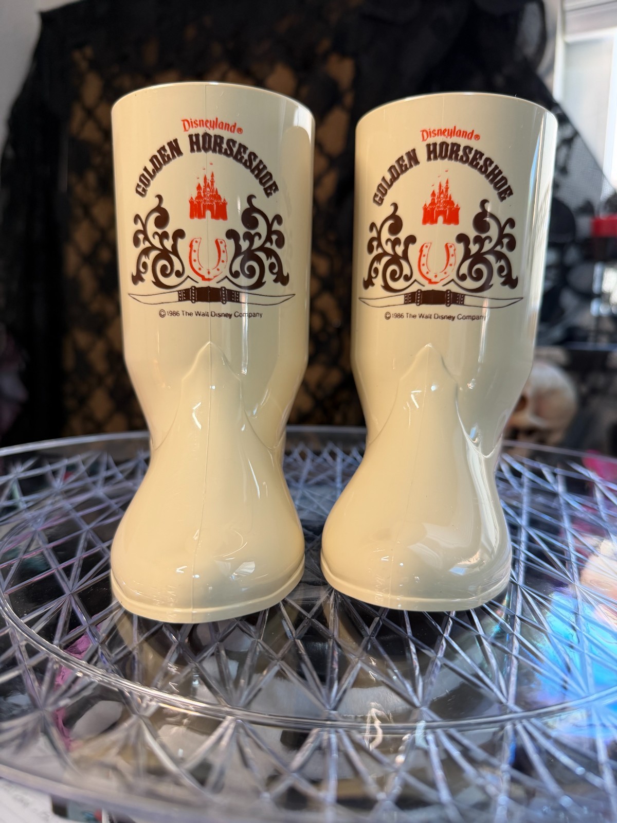 Vintage 1986 Frontierland Disneyland Golden Horseshoe Plastic Cowboy Boot Mugs