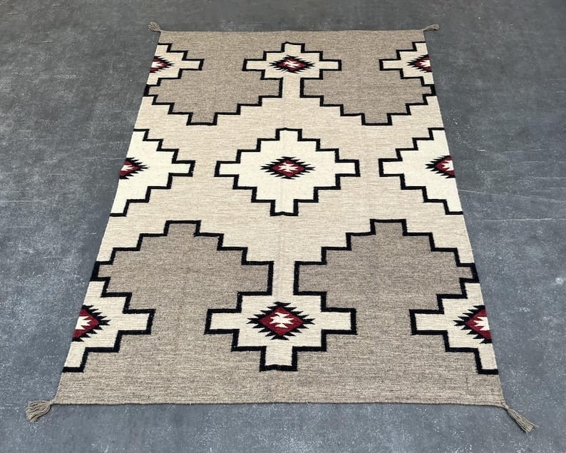 Southwestern Navajo Kilim Wool Rug Handwoven Native American Aztec Wool Area Rug