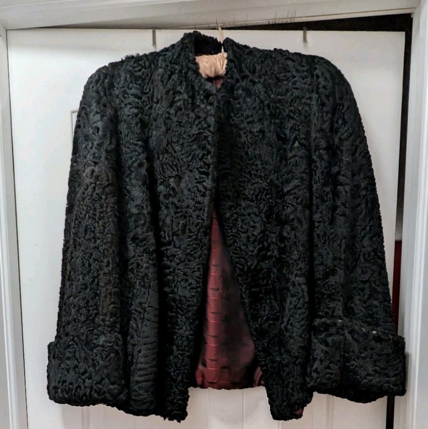 Vtg 1950s Black Karakul Persian Lamb Fur Coat Jacket Crop Cuffed Red Lining Sz M