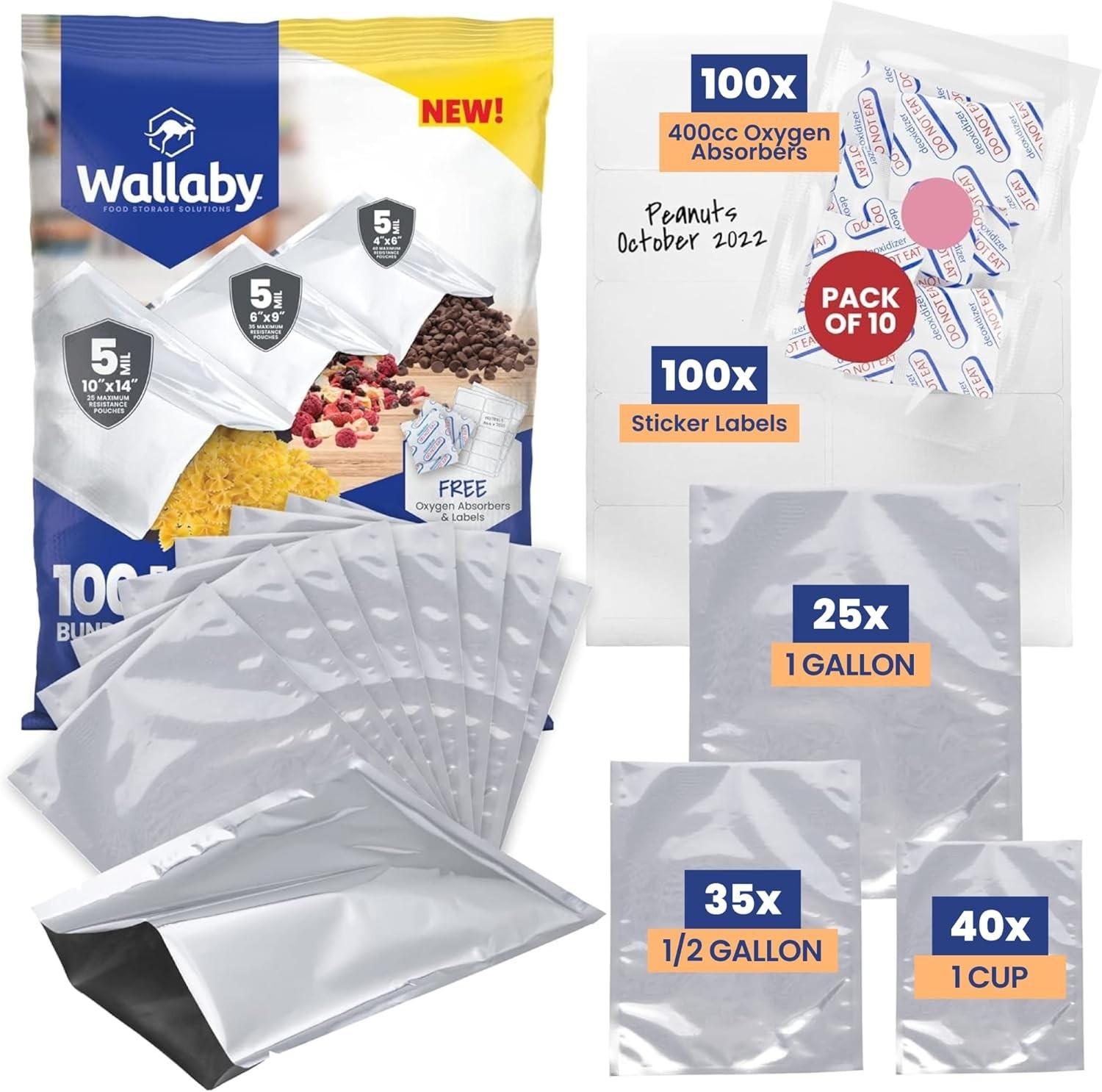 100ct Multi-Size Mylar Bags 400cc O2 Absorbers 10Mil Thick Heat Seal Food Storag