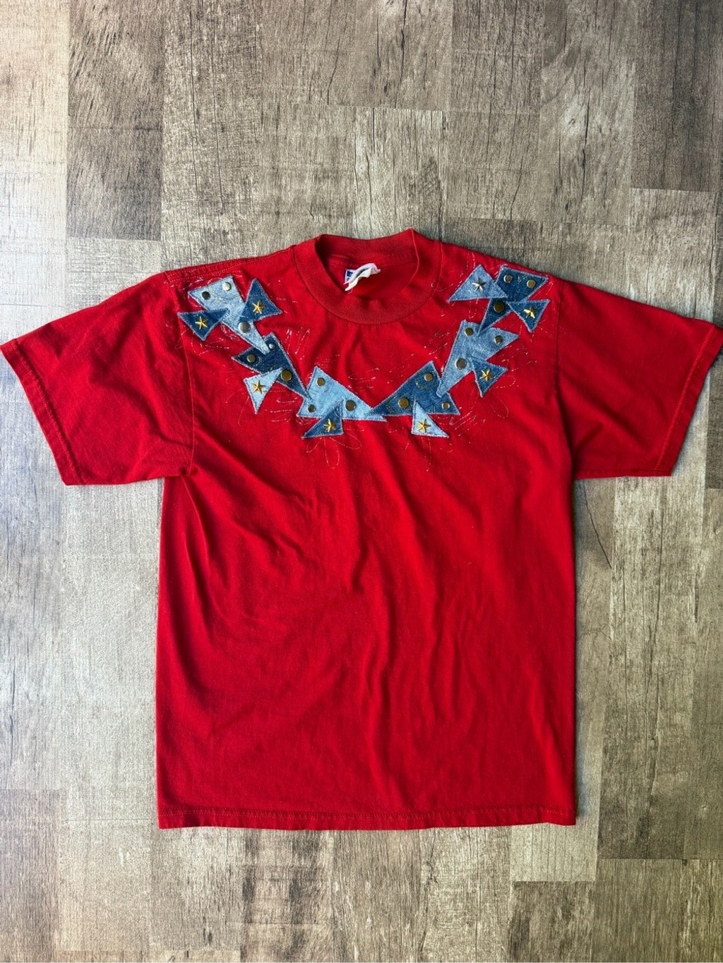 Vintage 90s Red Graphic Tee Denim Applique Brass Stud Star Yoke Western Vintage 90s Red Graphic Tee Denim Applique Brass Stud Star Yoke Western