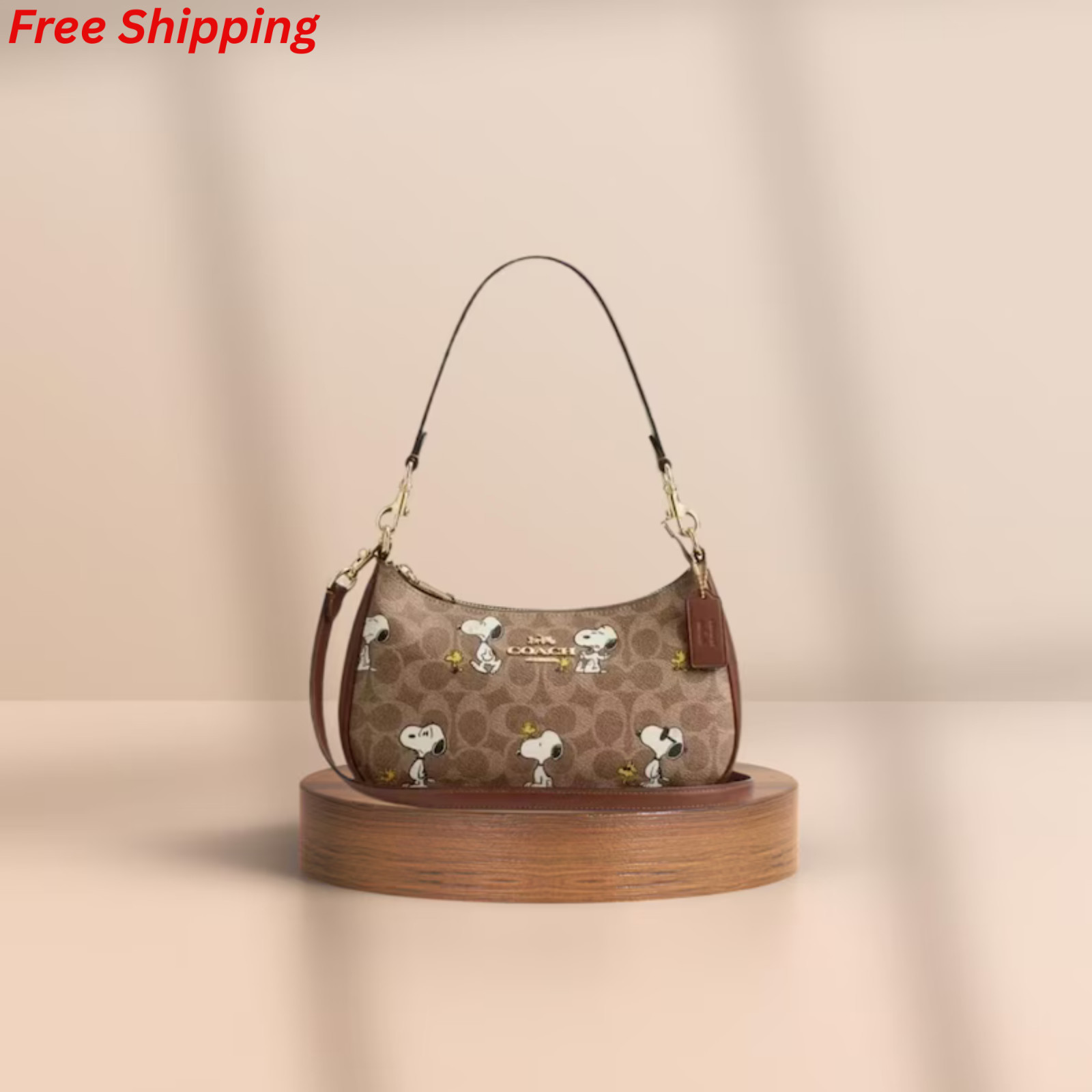 COACH x Peanuts Teri Shoulder Bag CBJ88 Tan Brown Signature Canvas Snoopy