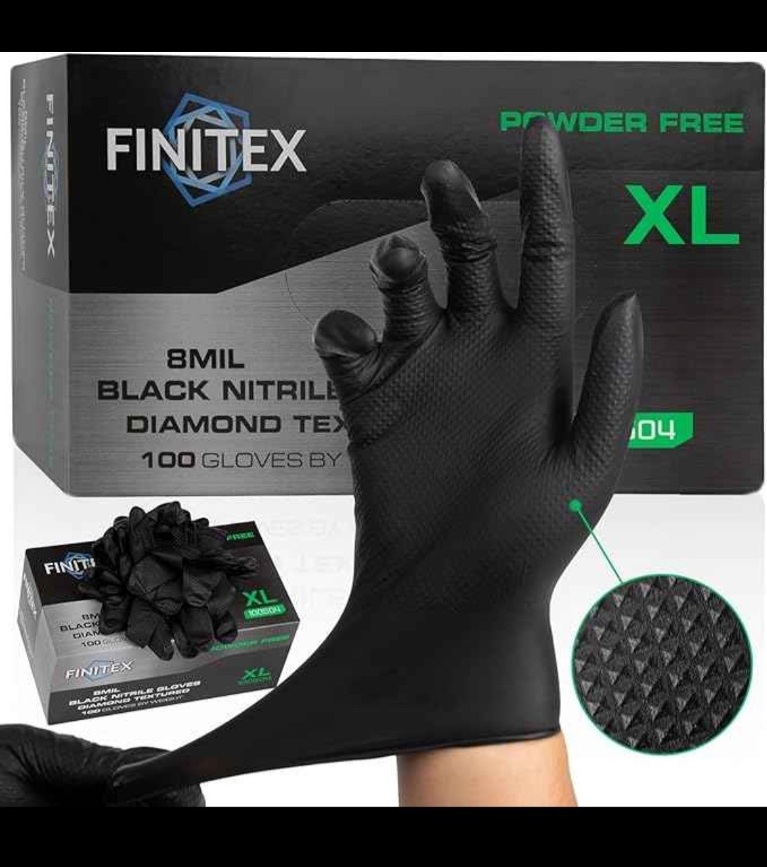 FINITEX Disposable Nitrile Diamond Black 8mil Gloves 1000/Case X-Large