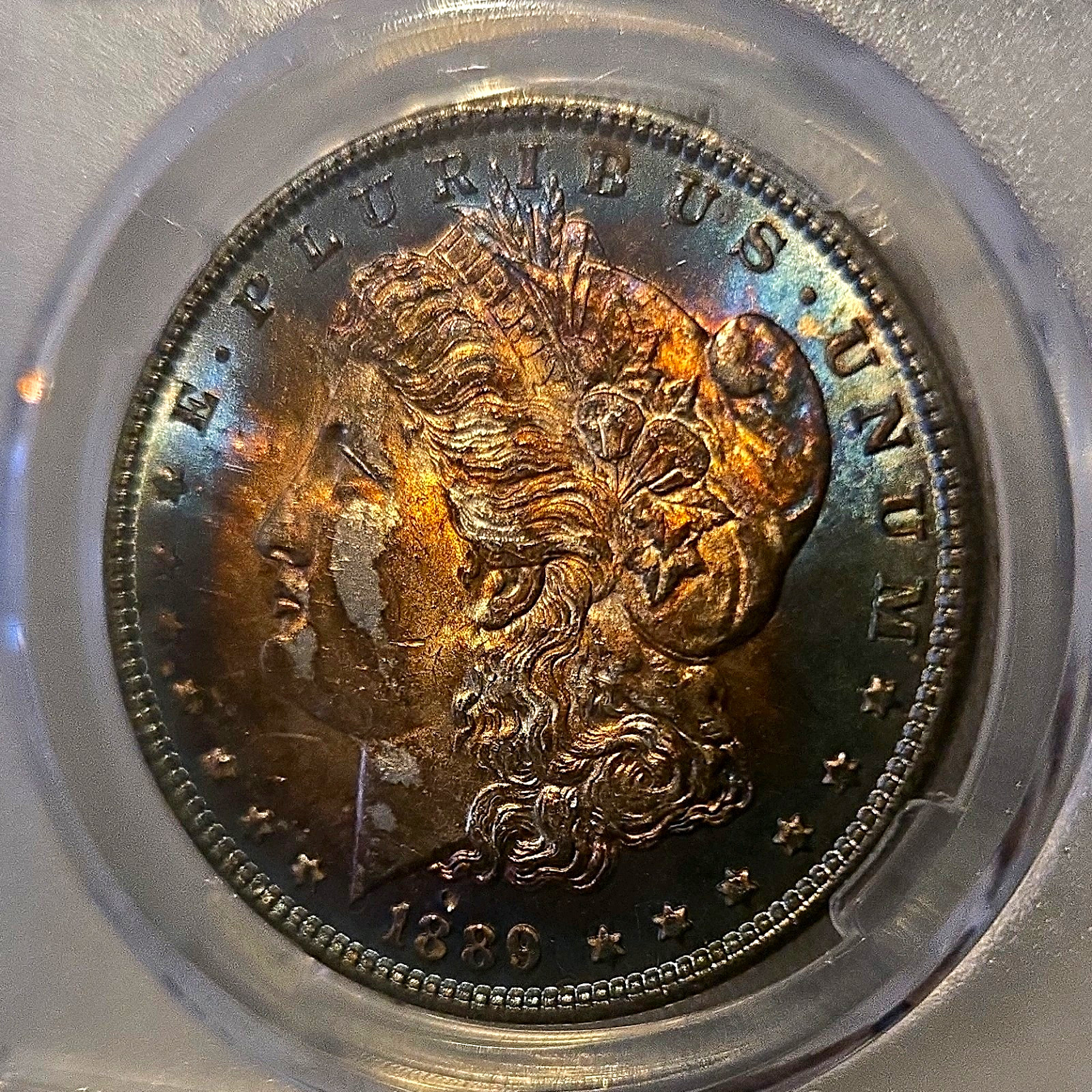 1889-P Morgan Silver Dollar $1 .900 Silver Business Strike Rainbow Toned KM#110