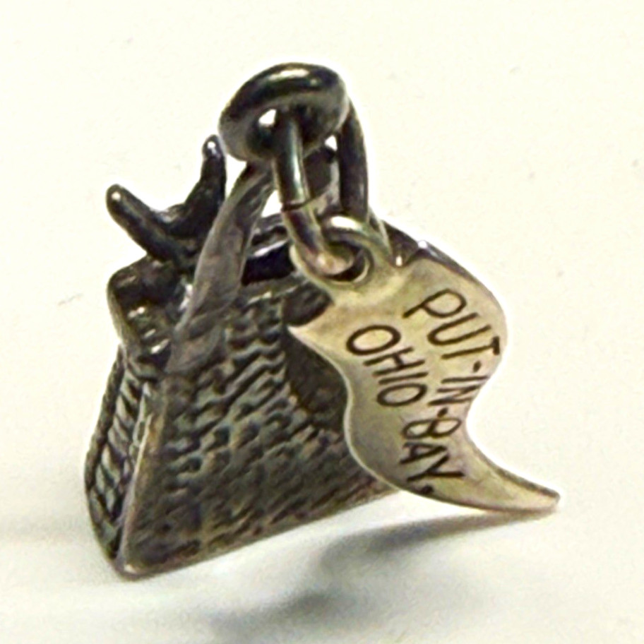 Vintage Put In Bay Ohio Fish in a Basket Silver Necklace Charm