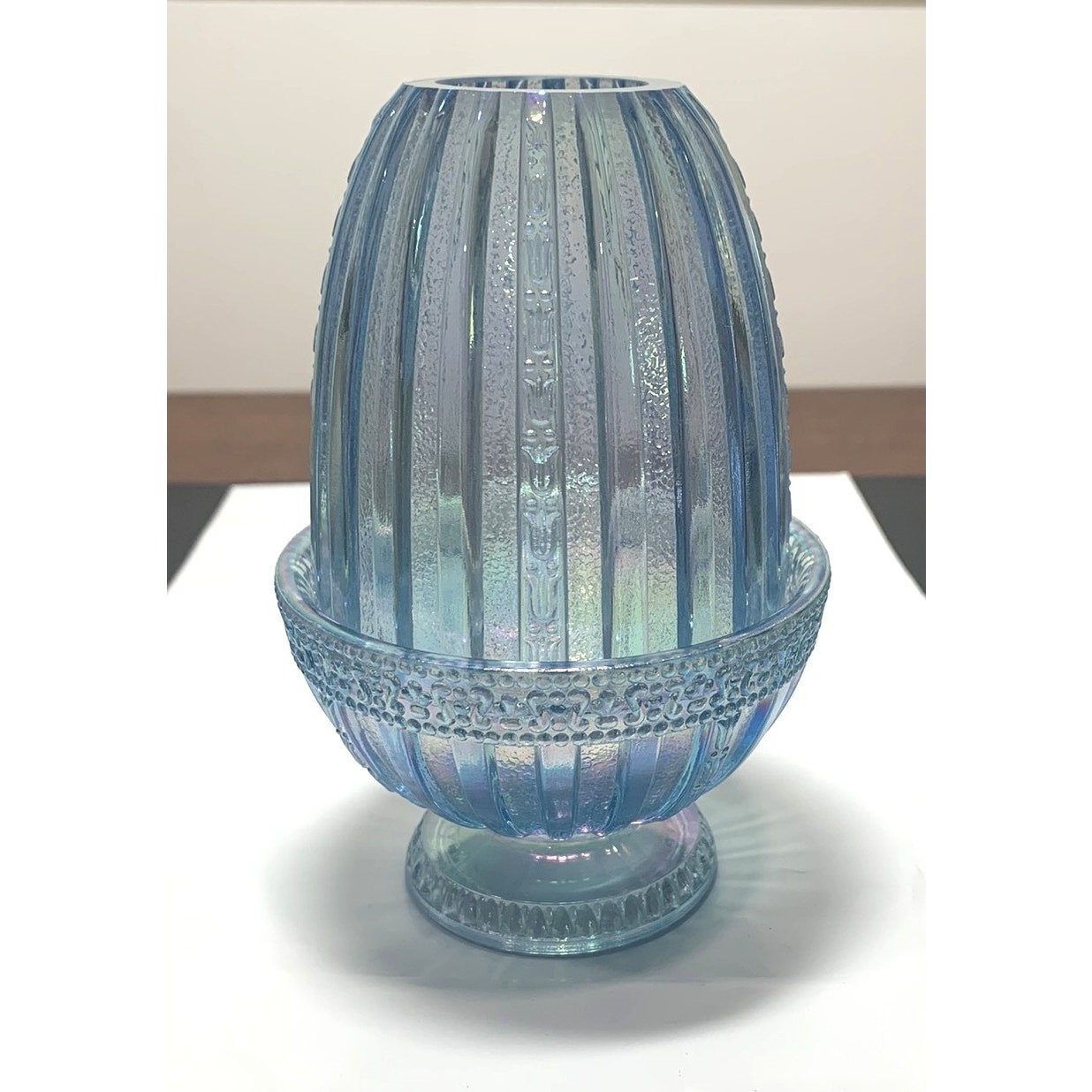 FENTON Misty Ice Blue Iridescent Faberge Egg Shape Fairy Lamp Light Tulip Ribbed