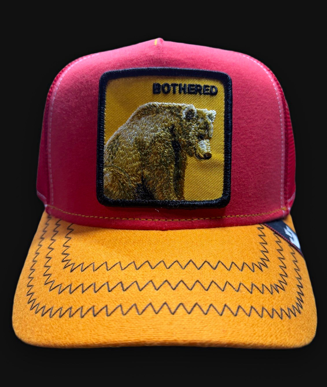 Goorin Bros The Farm BOTHERED Bear Patch Trucker Hat Red/Yellow Mesh Back