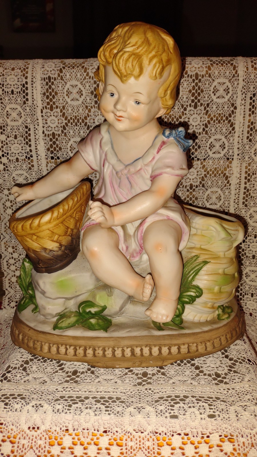 Antique Vtg Bisque Porcelain Sitting Girl w Basket Piano Baby Planter Vase RARE Antique Vtg Bisque Porcelain Sitting Girl w Basket Piano Baby Planter Vase RARE